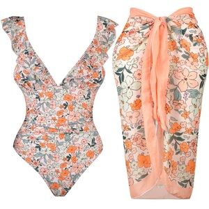NEW Women's One Piece Floral Swimsuit with Cover Up Wrap Skirt